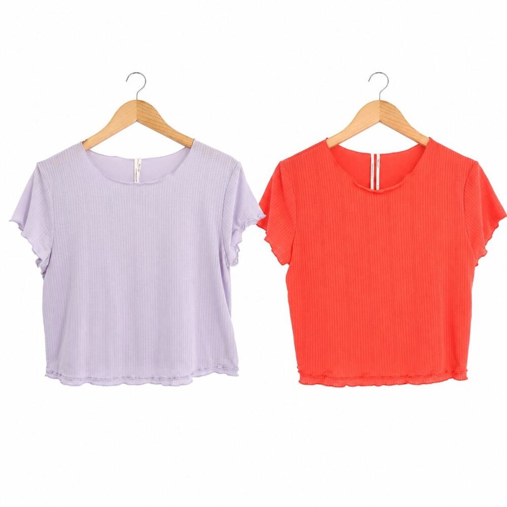 Anthropologie Sz M Lettuce Trim Pointelle Pajama Top Coral Lavender Set of Two